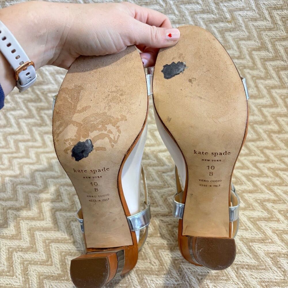 Kate Spade Women's Vero Cuoio Leather Lucite High Heel Shoes Tan Silver Size 10 - Picture 7 of 9